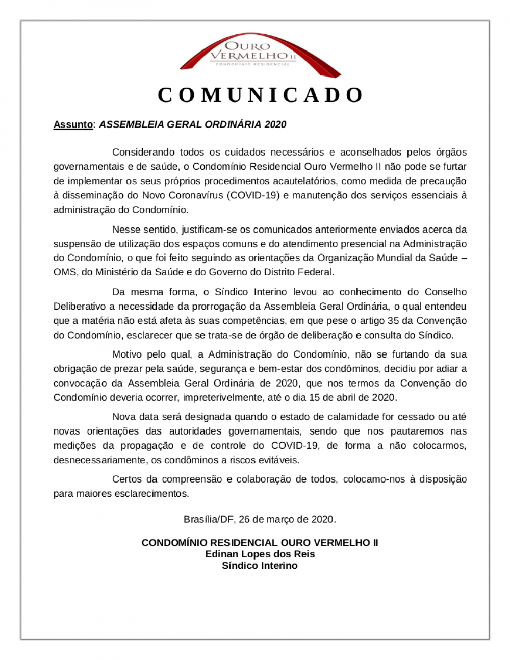 Comunicado importante - ASSEMBLEIA GERAL ORDINÁRIA 2020
